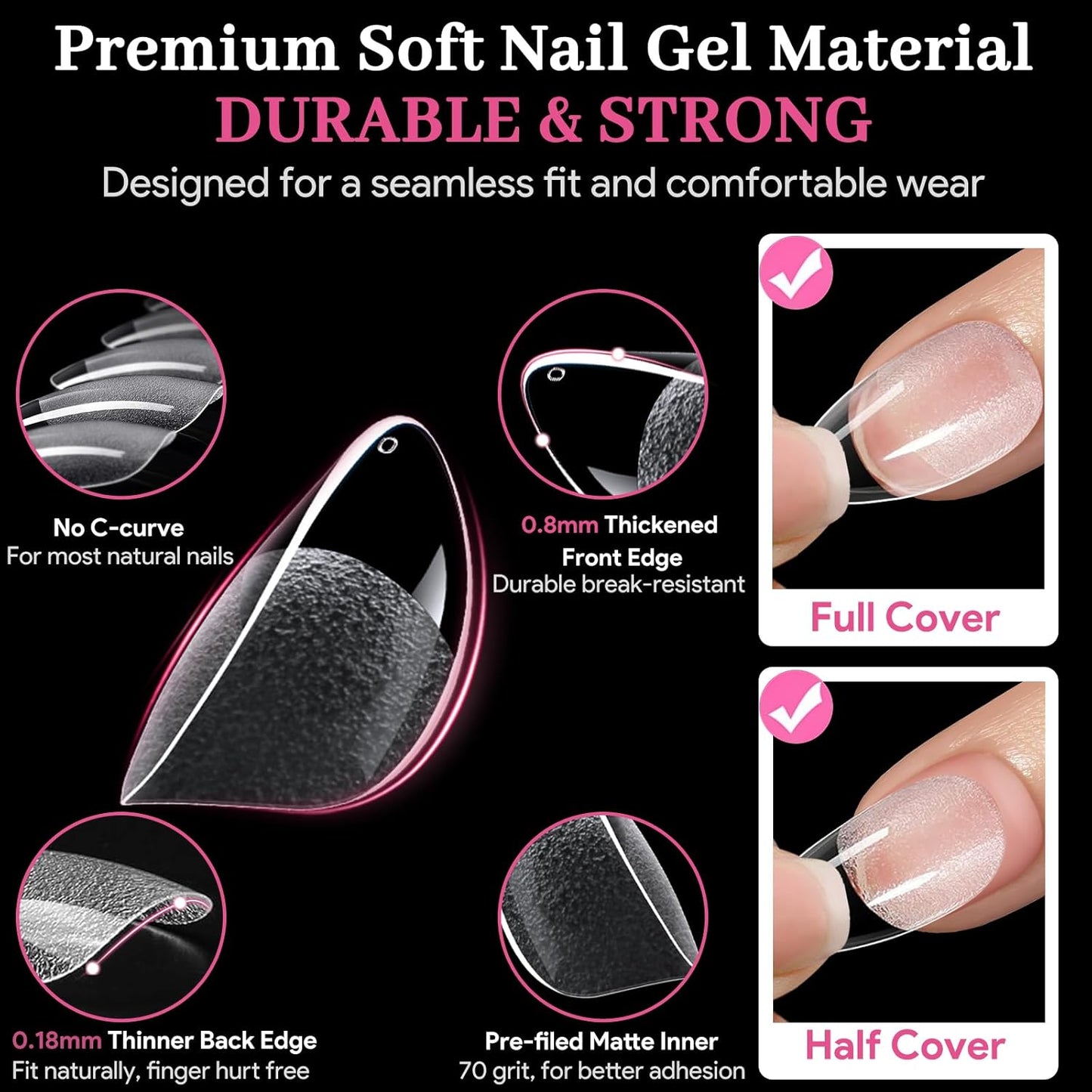 Short Almond False Nail Tips, 15 Sizes 510 PCS Clear Soft Press On Fake Nail Pre-shaped Half Matte Full Cover Gel Nail Tips Extensions Strong Thick Long Lasting for DIY Beginners & Salon Manicure-Velvo Beauty