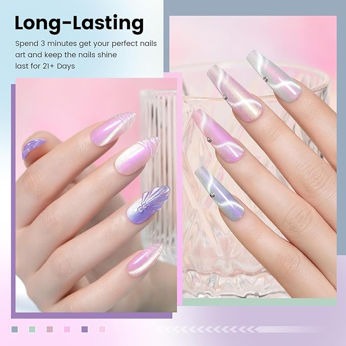 RARJSM Sparkle Diamond Pearl Cat Eye Gel Nail Polish Set 6pcs Velvet Silver Shimmer Pink Green Blue Purple White Glitter Mermaid Swirl Shell Thread Effect with Magnet Stick UV LED Curing Requires-Velvo Beauty