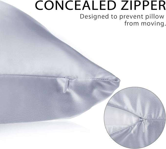 2 Pack Satin Pillowcase with Latent Zipper, Adjustable Satin Eye Mask for Sleeping and Satin Volume Scrunchie for Hair and Skin, Standard Size (Silver,Classic Style)-Velvo Beauty
