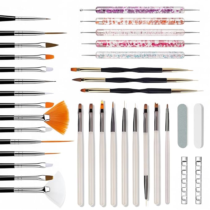 36Pcs Nail Art Brush Set, Acrylic Nail Brushes, Dotting Tools, Liner & Dust Brush, Drawing Pens For Gel Polish, sponge Polishing Rubs, Professional Nail Art Tools For Beginners & Salon Home Use-Velvo Beauty
