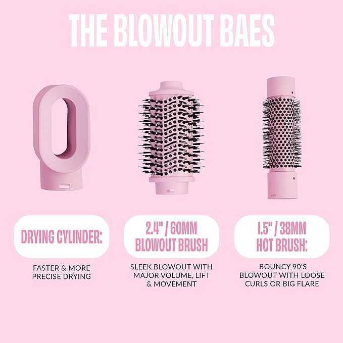 FoxyBae 3-in-1 Ceramic Interchangeable Hair Tools - Blowout Dryer - 3 Detachable Heads - 2.4" Blowout Brush, 1.5" Hot Round Brush & Drying Cylinder Hair Dryer Brush & Hair Styling Set [Party Pink]-Velvo Beauty
