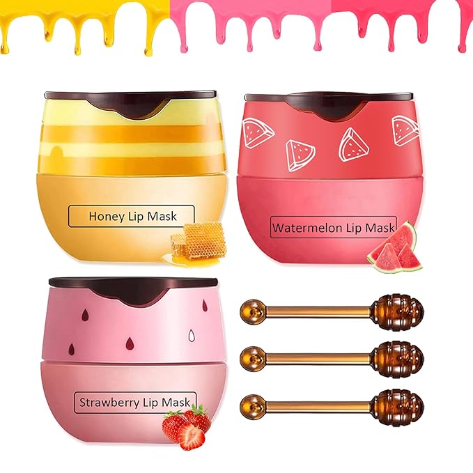 Bee Lip Balm Honey Pot,3 PCS Strawberry&Honey&Watermelon Lip Sleeping Mask,Hydrating Prevention Dry and Cracked Lip Scrubs Exfoliator Lip Care,Moisturizing Lip Mask Overnight Reduces Lip Lines-Velvo Beauty