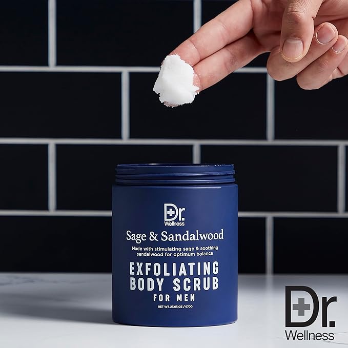 Dr. Wellness Body Scrub for Men- Ultimate Exfoliating Scrub Infused with Sage & Sandalwood, Men’s Body Wash in Jar with Twist Top, 23 oz, For All Skin Types-Velvo Beauty