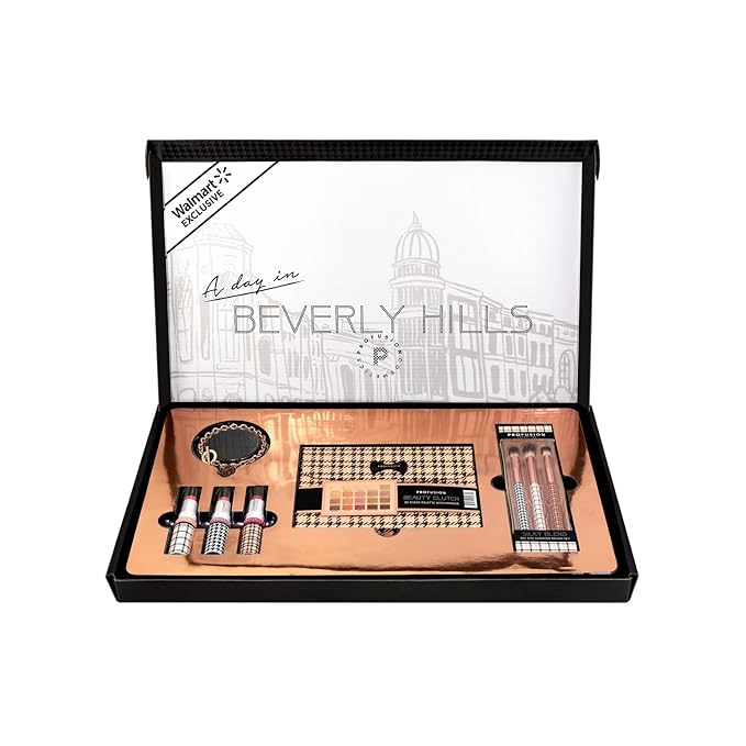 Profusion Cosmetics Beverly Hills PR Box, Includes Beauty Clutch 20 Shade Palette with Mirror, 3 Pc Eyeshadow Brush Set, and Lip Balm Trio to Enhance Your Beauty Routine-Velvo Beauty