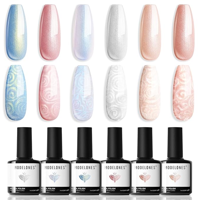 modelones Pearl Gel Nail Polish, 6 Colors Shimmer Glitter Iridescent White Nude Blue Pink Mermaid Nail Drawing Soak Off Gel Polish Swirl Shell Thread Effect Gift DIY at Home with Dotting Pen-Velvo Beauty