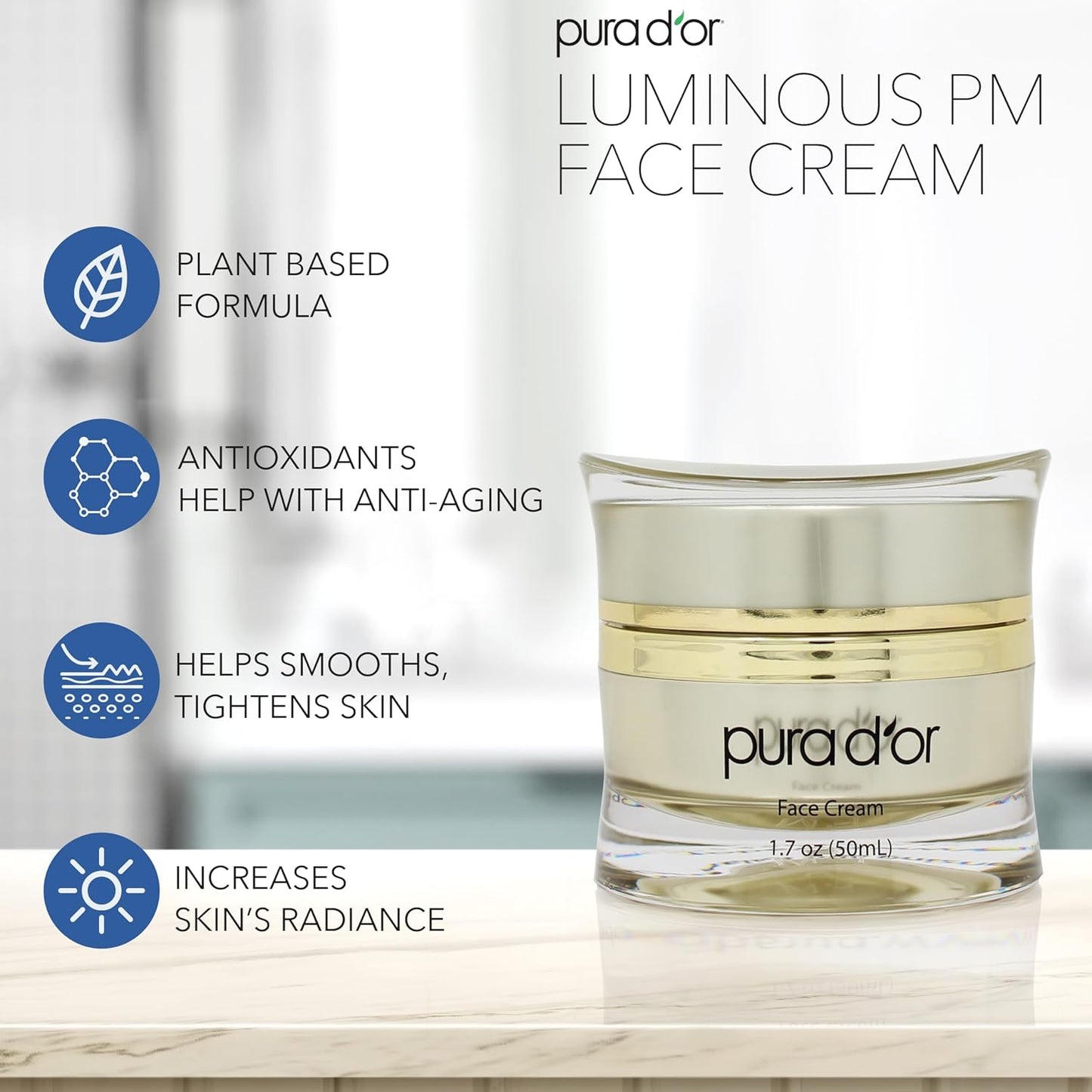 PURA D'OR 1.7 Oz Luminous PM Face Cream - Methylene Blue, Marine Collagen, Retinol, Peptides, Apple Stem Cell Extract - Anti-Aging Nighttime Moisturizer - Overnight Facial Treatment For Women & Men-Velvo Beauty