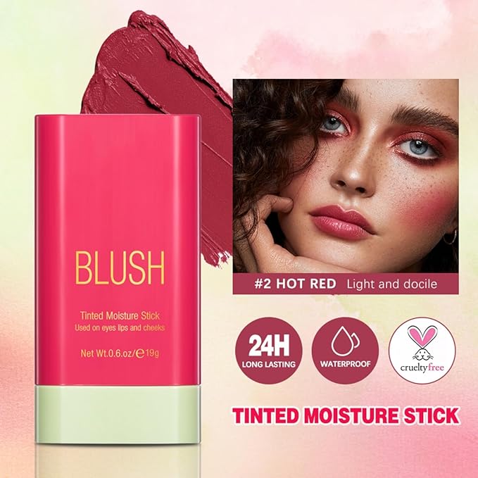 Blush Stick, Cream Blush Stick for Cheeks & Lips, Blendable Long-Lasting Multi-Use Contour Stick & Highlighter Makeup (#2 HOT RED)-Velvo Beauty