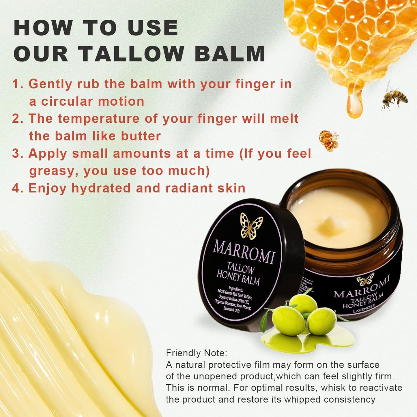 Marromi Beef Tallow for Skin, Tallow Honey Balm, Organic Grass-Fed Beef Tallow Balm with Raw Honey, Natural Soothing Moisturizing (Lavender scent)-Velvo Beauty