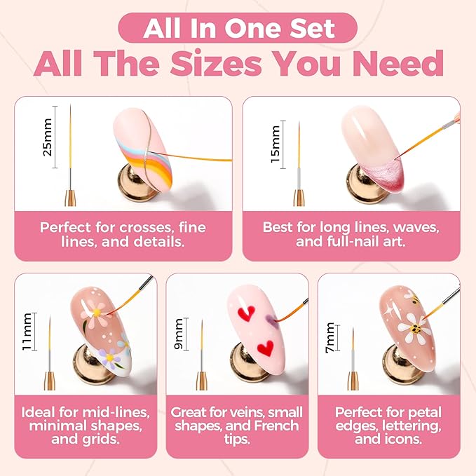 UNA GELLA Nail Art Brushes Metallic, 5 Count Liner Pens Set For Nail Art Gel Polish, Detail Nail Art Design Painting Brush Set For Nails Gel Fine Drawing Nail Tools, Sizes 7/9/11/15/25mm-Velvo Beauty