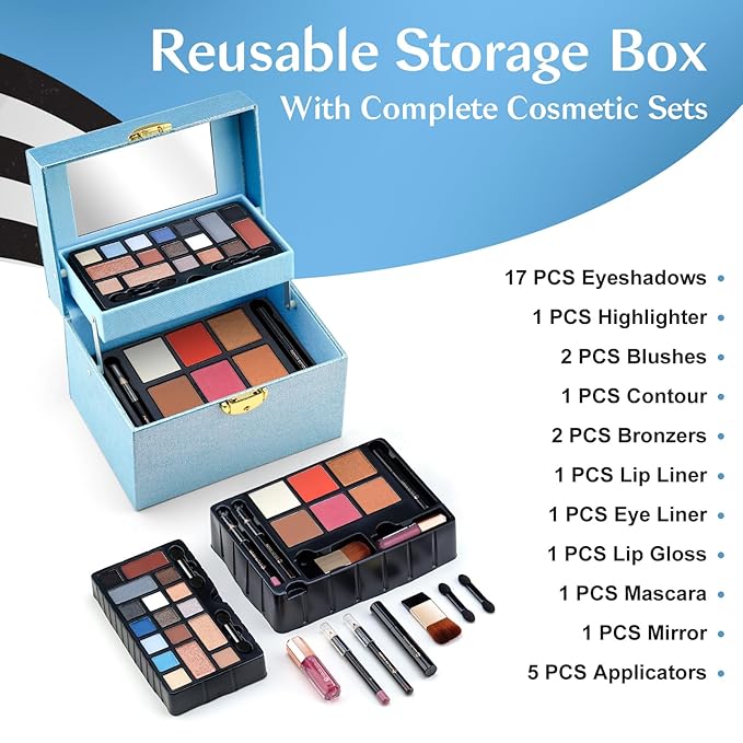 Color Nymph Beginner Makeup Kit For Teens, Girls Makeup kits With Recyclable And Key-Lockable Cabinet Included 17-Colors Eyeshadows Blushes Bronzer Highlighter Lipstick Brushes Mirror(Blue)-Velvo Beauty