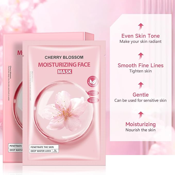 5 Pack Sheets Face Masks Skincare For All Skin Types, Cherry Facial Sheet Masks, Hydrating Facial Sheets Mask for Firming, Sheet Mask with Cherry Blossom Face Mask for Glowing Skin-Velvo Beauty