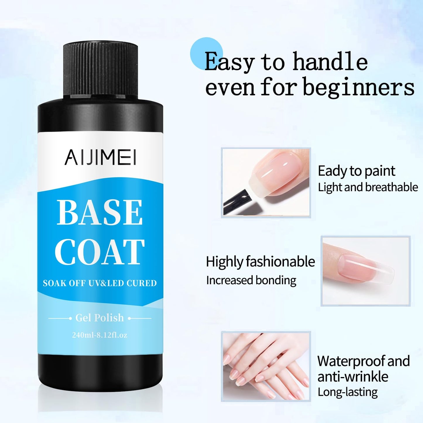 AIJIMEI 240ml Base Coat Quick Dry Gel BaseCoat for Nails Gel Nail Polish Base Coat for Home DIY LongLasting 8 Fl Oz-Velvo Beauty