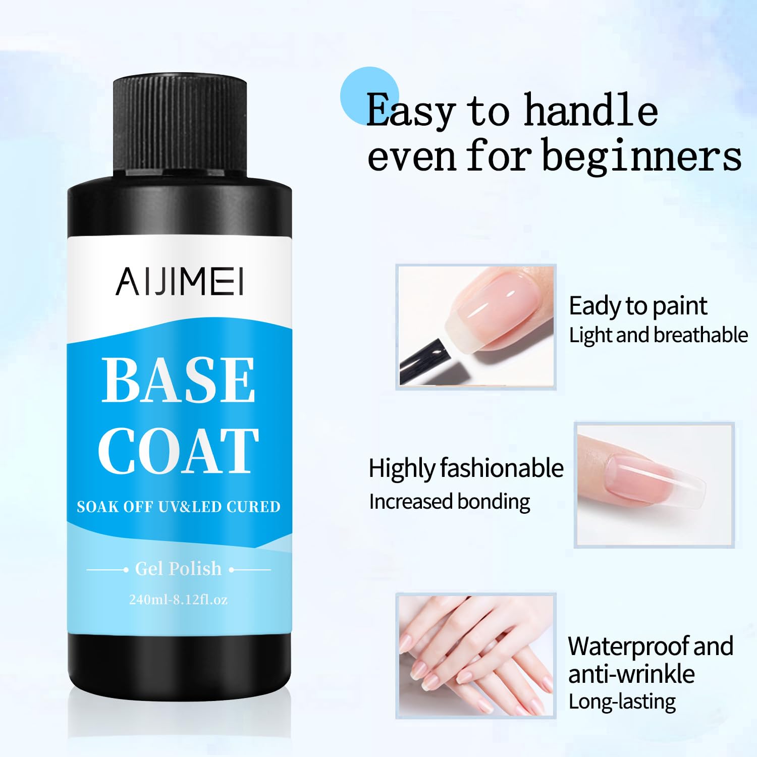 AIJIMEI 240ml Base Coat Quick Dry Gel BaseCoat for Nails Gel Nail Polish Base Coat for Home DIY LongLasting 8 Fl Oz-Velvo Beauty