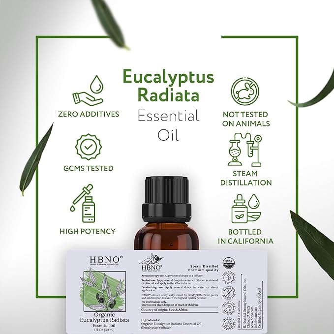 HBNO California Bottled Organic Eucalyptus Essential Oil (Radiata) 1 fl oz (30ml) - USDA Certified Organic Eucalyptus Oil - Perfect Eucalyptus Oil Essential Oil for Aromatherapy-Velvo Beauty