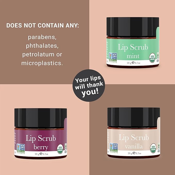 Organic Lip Scrub Vanilla - USA Made Exfoliating Lip Scrub with Natural & Organic Ingredients, Moisturizing Lip Exfoliator Scrub for Dry Lips, Lip Scrubber Exfoliator & Sugar Scrub for Smooth Lips-Velvo Beauty