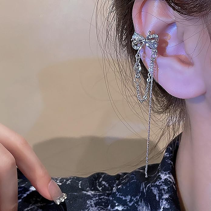 Vintage Crystal Bow Ear Cuff Earrings Rhinestone Bow Cuff Earrings Silver Long Chain Tassel Earrings Cz Chain Dangle Earrings Jewelry for Women-Velvo Beauty