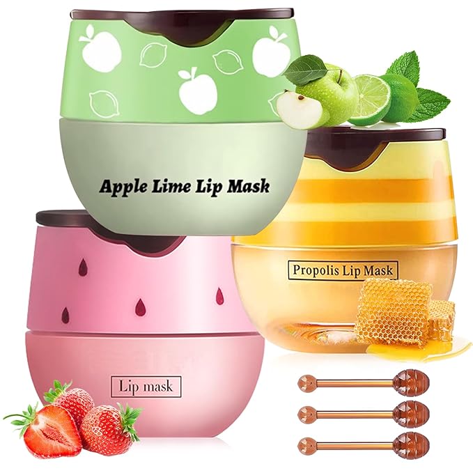 3 PCS Bee Lip Balm Lip Mask Honey Pot, Honey & Strawberry & Apple Lime Lip Mask Propolis Moisturizing Lip Balm with Stick, Sleeping Lip Mask Hydrating Prevention Dry & Cracked Lip Scrubs-Velvo Beauty