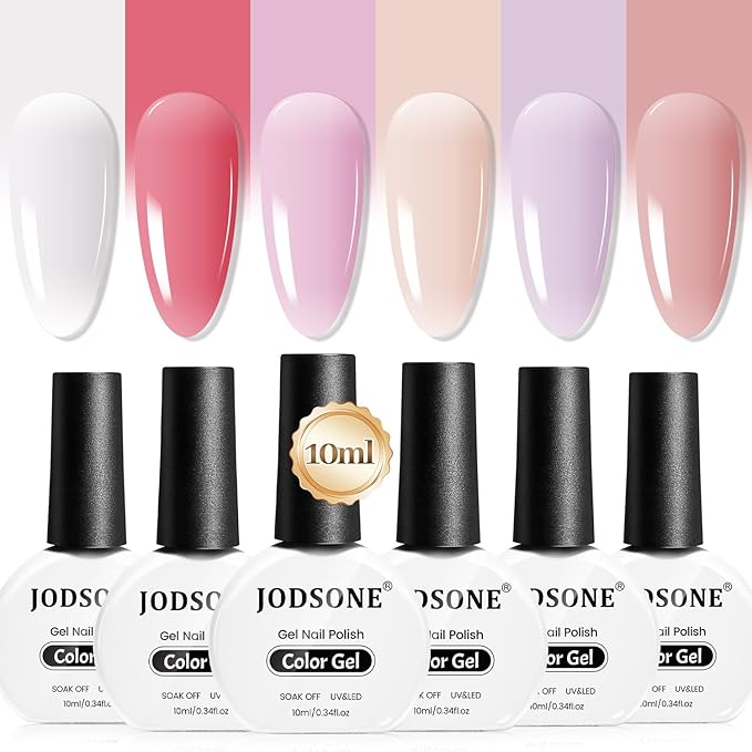 JODSONE 10ml Jelly Gel Nail Polish Set 6 Pale Colours White Pale Red Soft Pink Natural Nude Pale Purple Fresh Pink Purple All Seasons Neutral Soak off LED Lamp Gel Manicure Set for Nail Art-Velvo Beauty