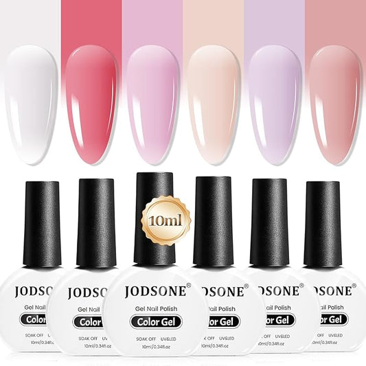 JODSONE 10ml Jelly Gel Nail Polish Set 6 Pale Colours White Pale Red Soft Pink Natural Nude Pale Purple Fresh Pink Purple All Seasons Neutral Soak off LED Lamp Gel Manicure Set for Nail Art-Velvo Beauty