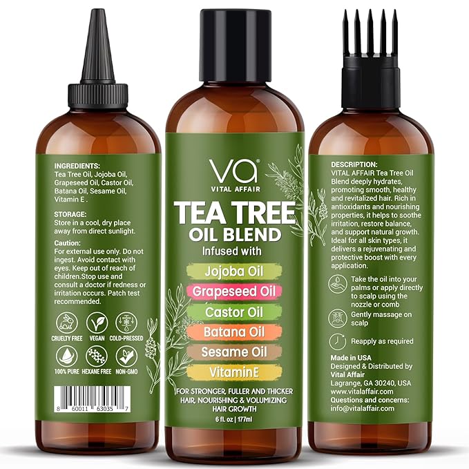 Tea Tree Oil For Hair With Jojoba, Castor, Batana Oil - Tea Tree Hair And Scalp Treatment - Hair Oil For Dandruff - Helps Strengthen, Volumize & Promotes Hair Growth - 6 Fl Oz-Velvo Beauty