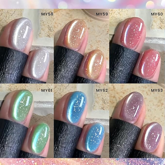 Born Pretty Magnetic Gel Nail Polish Pastel Cat Magnetic Eye Gel Polish Glitter Shimmer Auroras Magnetic Gel Nail Art Manicure Kit 6PCS-Velvo Beauty