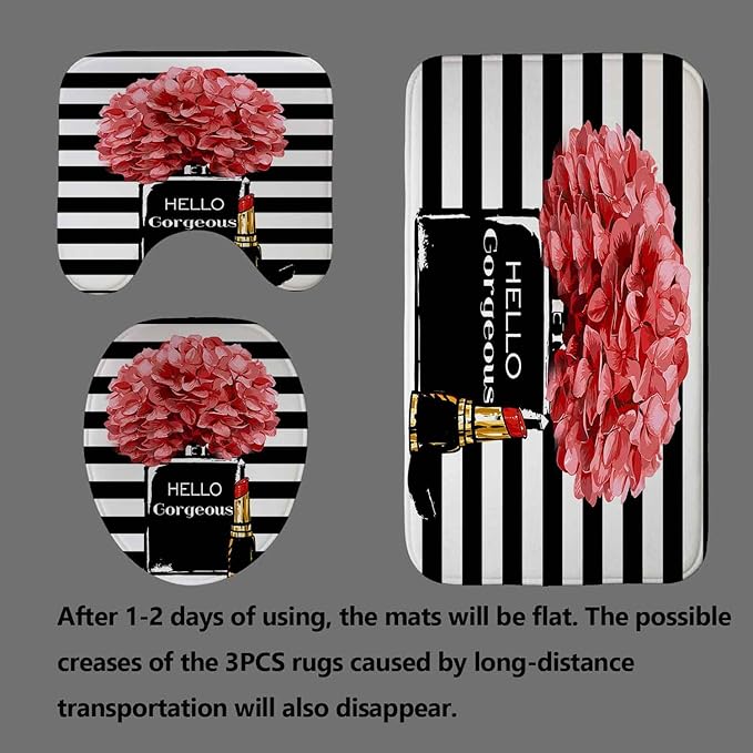 4PCS Hello Gorgeous Shower Curtain Set Watercolor Red Floral Black and White Striped Perfume Lipstick Makeup Vintage Modern Fashion Women Bathroom Decor Non-Slip Bath Mat Toilet Rug, Hydrangea-Velvo Beauty