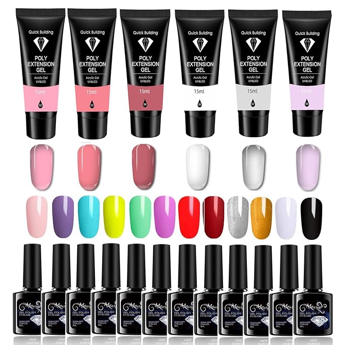 Gel Nail Polish Kit for Women with 6 Colors Extension Poly Nail Gel set, 48W UV Lamp, 12pcs nail polish set with Base Coat and Top coat,Professional Manicure Tool for Home DIY Salon-Velvo Beauty
