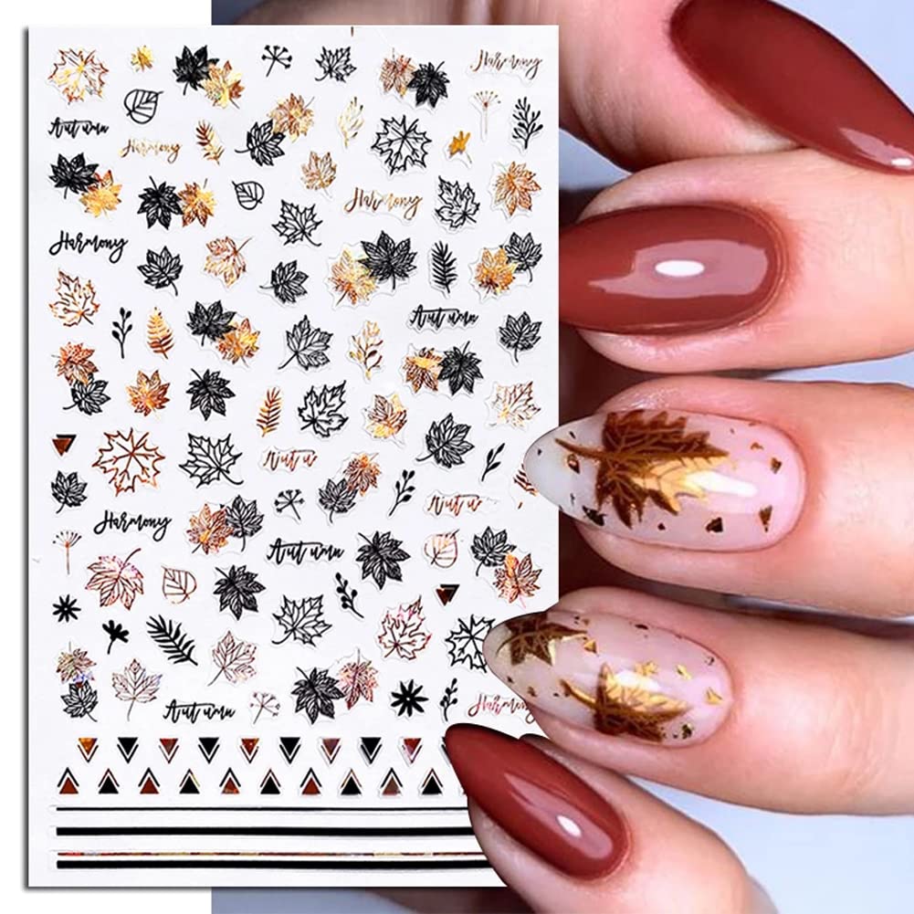 8 Sheets Fall Leaves Nail Art Stickers Gold Maple Leaf Self-Adhesive Nail Decals 3D Stickers Foil Autumn Maple Nail Designs Laser Shiny Manicure Tip Fall Nail Decorations for Thanksgiving Day Supplies-Velvo Beauty