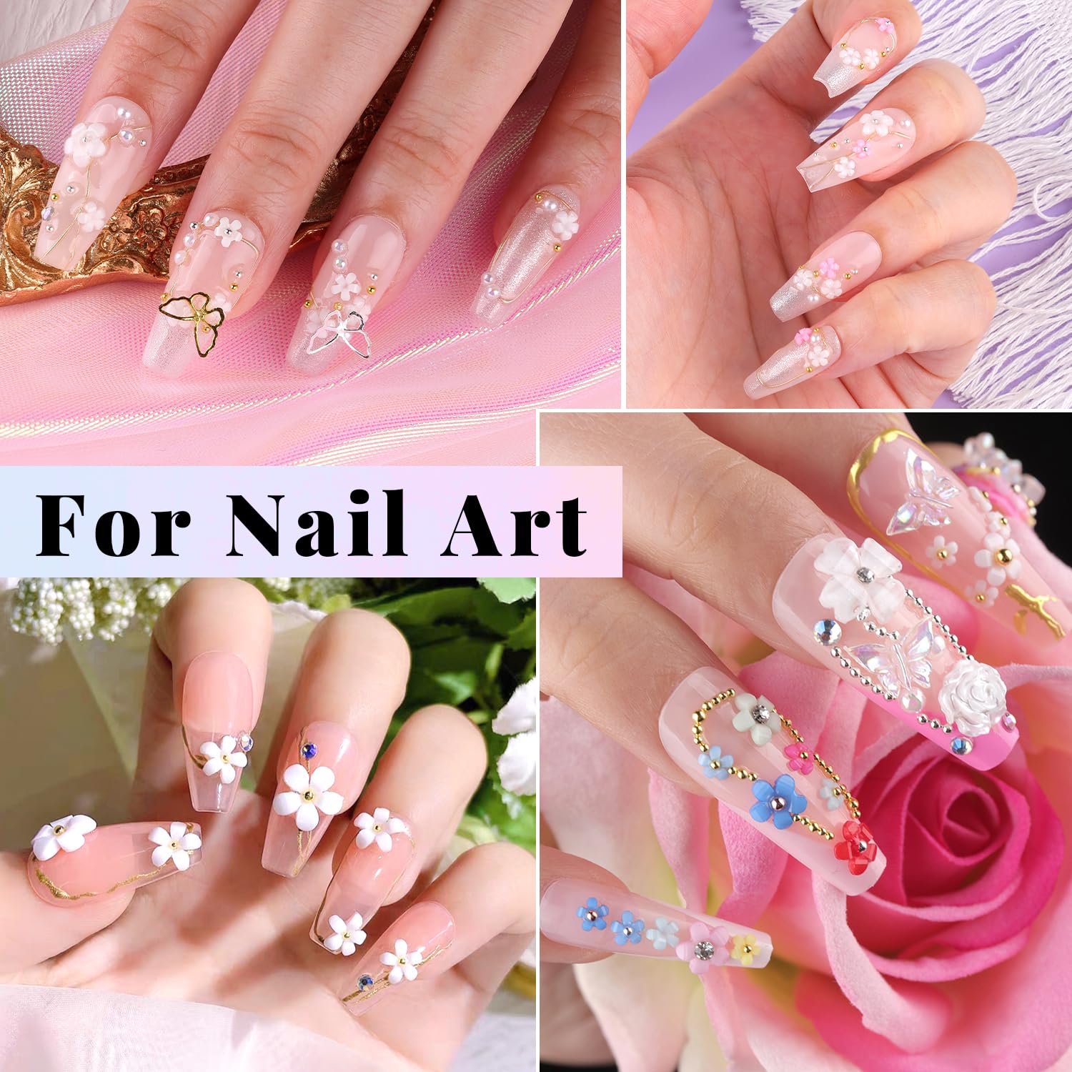 3D Flowers Manicure Gems with Nail Rhinestone Glue Gel, Colorful Acrylic Flower Nail Charms with Caviar Beads, Rhinestones and Gem Glue for Nails (UV/LED Needed) with Pickup & Dotting Tools-Velvo Beauty