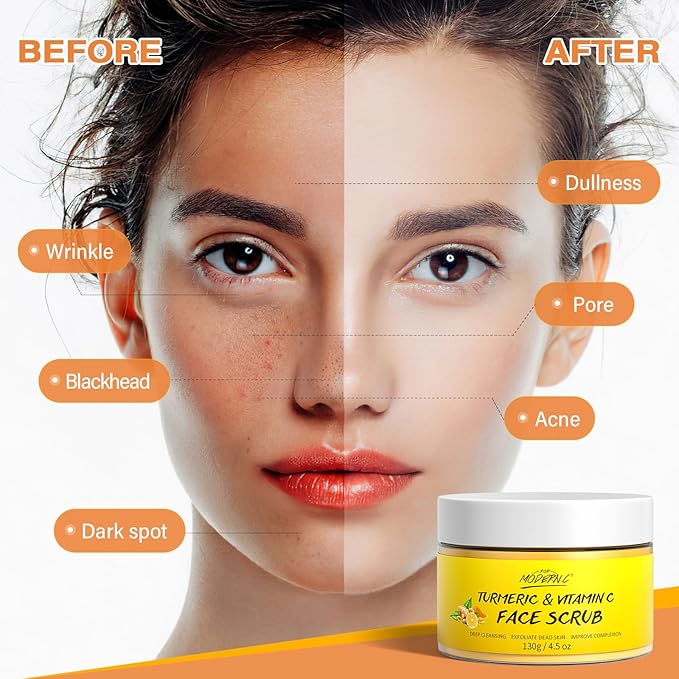 Vitamin C and Turmeric Face Scrub Cream Organics Microdermabrasion Facial Scrub Exfoliating Clears Blackheads Improve Dark Spot Acne with Strawberry Extract Exfoliator 130g/4.5oz-Velvo Beauty