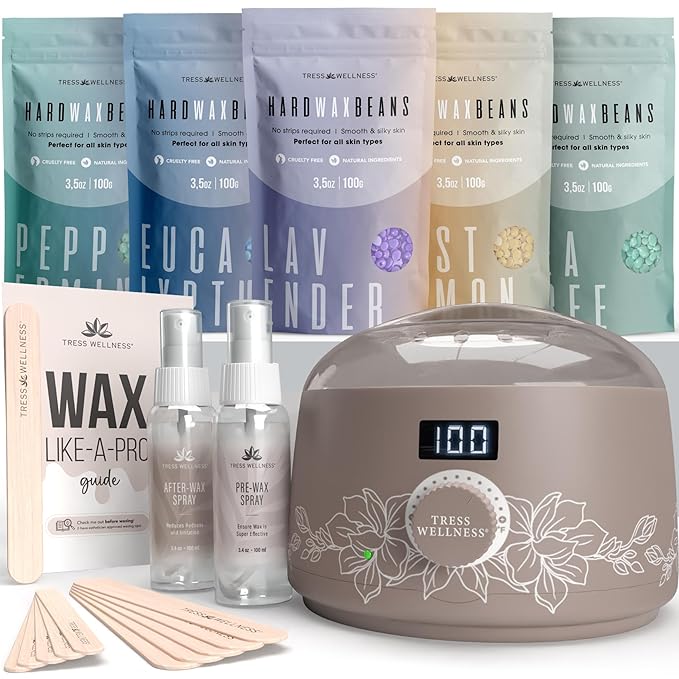Tress Wellness Waxing Kit for Sensitive Skin – Safe for Face & Skin, Prep & Aftercare Spray, Easy to Use – At-Home Kit for Face, Bikini, Brazilian & Full Body - Digital Display, Dusty Chocolate-Velvo Beauty