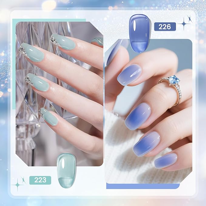 JODSONE 10ml 6 Colors Jelly Gel Nail Polish Set Ocean Blue Turquoise Gel Polish with Crystal Long Lasting All Seasons Need U V Lamp-Velvo Beauty