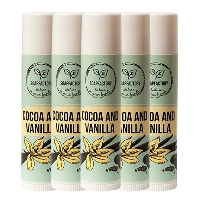 SoapFactory Natural Vanilla Lip Balm for Dry cracked Lips, Vegan, Organic Certified, Lip Care with Carnauba Wax for Women and Men, 0.17 ounce (Pack of 5)-Velvo Beauty