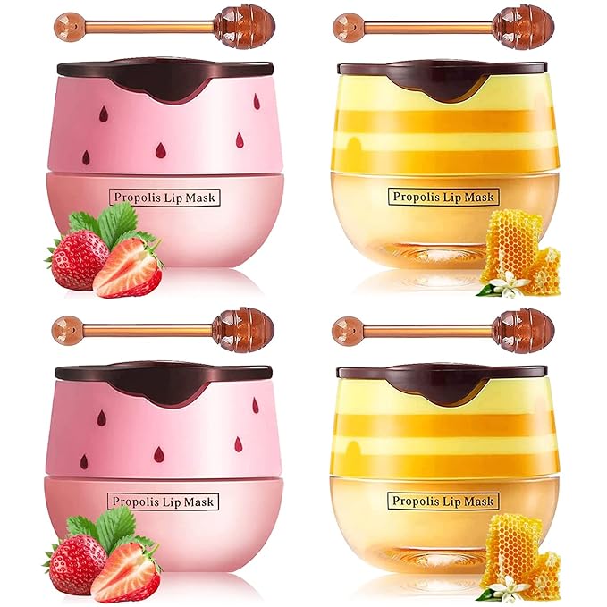 Honey Lip Balm Pot, Propolis Lip Mask, Strawberry Hydrating Propolis Lip Sleeping Mask, Prevent Dry&Cracked, Lip Repair Nourishes the Lip Skin (2pcs Honey & 2pcs Strawberry)-Velvo Beauty