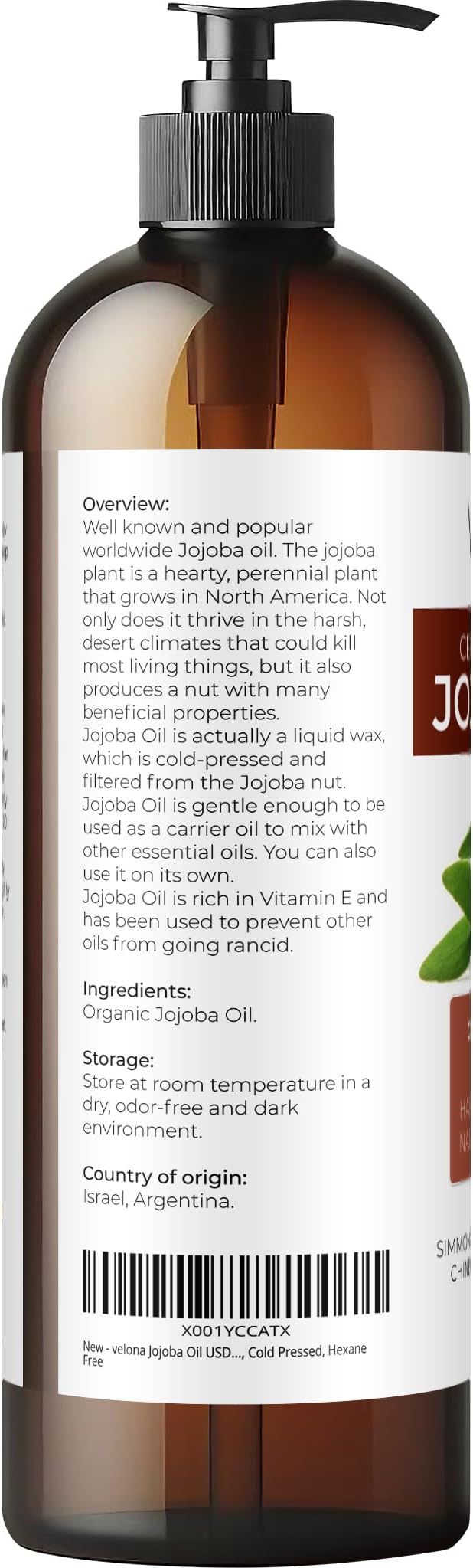 velona Jojoba Oil USDA Certified Organic - 16 fl oz (With Pump) | 100% Pure and Natural | Golden, Unrefined, Cold Pressed, Hexane Free | Moisturizing Face, Hair, Body, Skin Care-Velvo Beauty