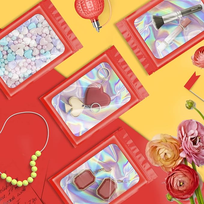 100 Pieces Smell Proof Mylar Resealable Bags, Holographic Packaging Bags, Resealable Odor Foil Pouch Zip Bag with Clear Window for Food Storage and Lipgloss, Jewelry Lash (Red, 3.5 x 6.3 Inch)-Velvo Beauty