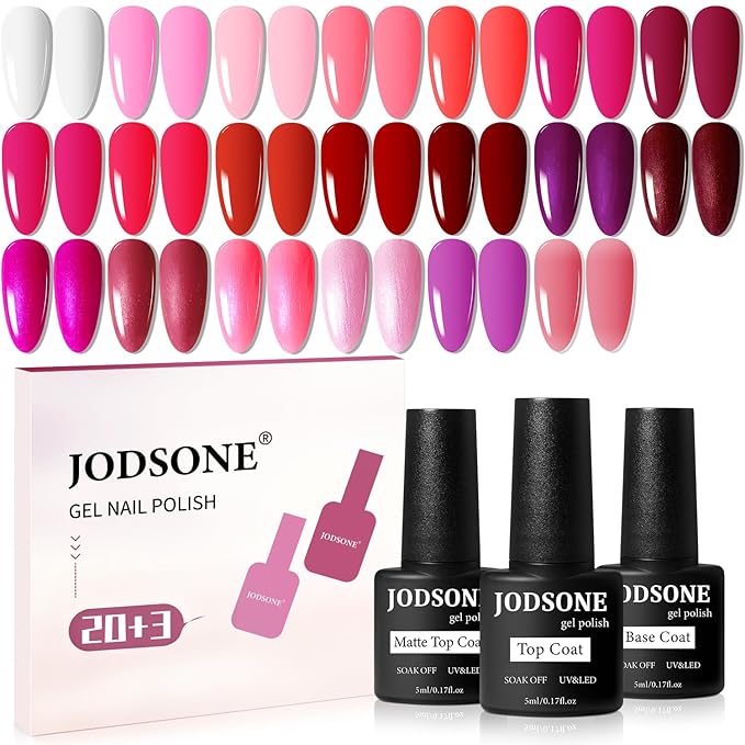 JODSONE 23 PCS Glitter Gel Polish with Soak off Base Coat Matte and Glossy Top Coat Glitter Red Pink Color High Shine and Fashion Gel Nail Polish Kit-Velvo Beauty
