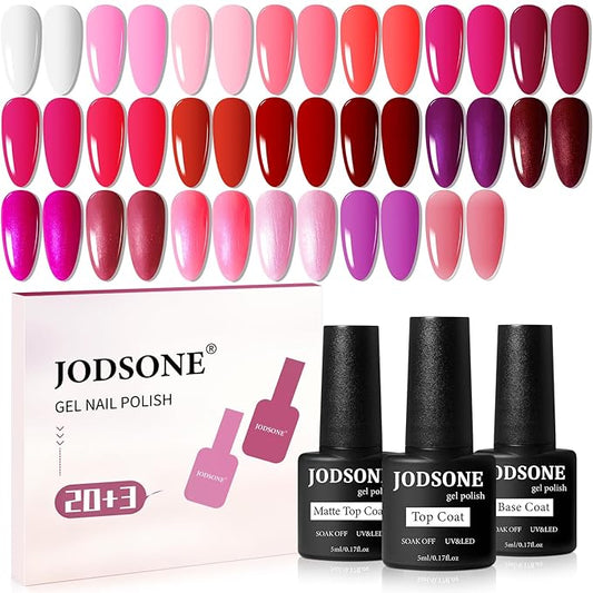 JODSONE 23 PCS Glitter Gel Polish with Soak off Base Coat Matte and Glossy Top Coat Glitter Red Pink Color High Shine and Fashion Gel Nail Polish Kit-Velvo Beauty