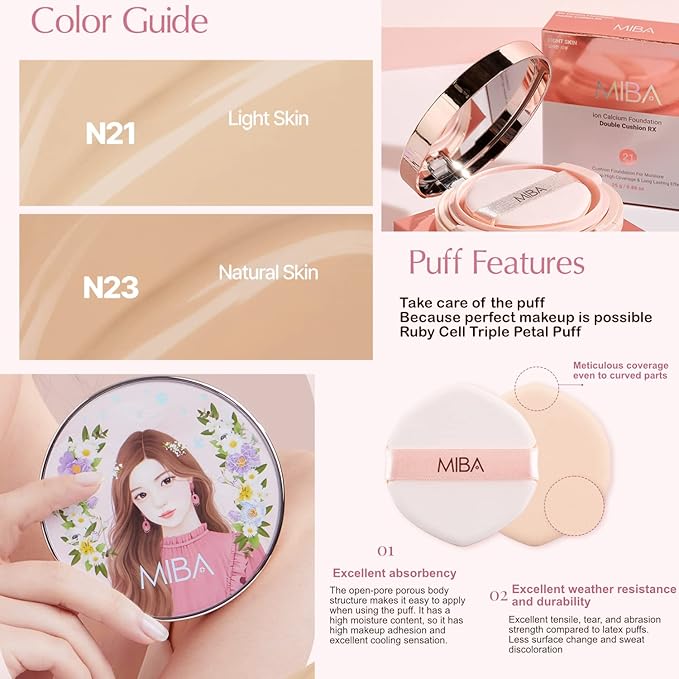 MIBA Ion Calcium Foundation Double Cushion RX 25 g / 0.88 oz Big Cushion SEASON 2 Long Lasting Effect for Dewy Skin. Skin moisturizing. Skin tightening relief. Fine coverage. Smooth adhesion (No 21)-Velvo Beauty