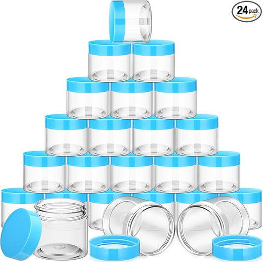 SATINIOR 24 Pieces Empty Clear Plastic Jars with Lids Round Storage Containers Wide Mouth for Beauty Product Cosmetic Cream Lotion Liquid Butter Craft and Food(Blue Lid,2 oz)-Velvo Beauty