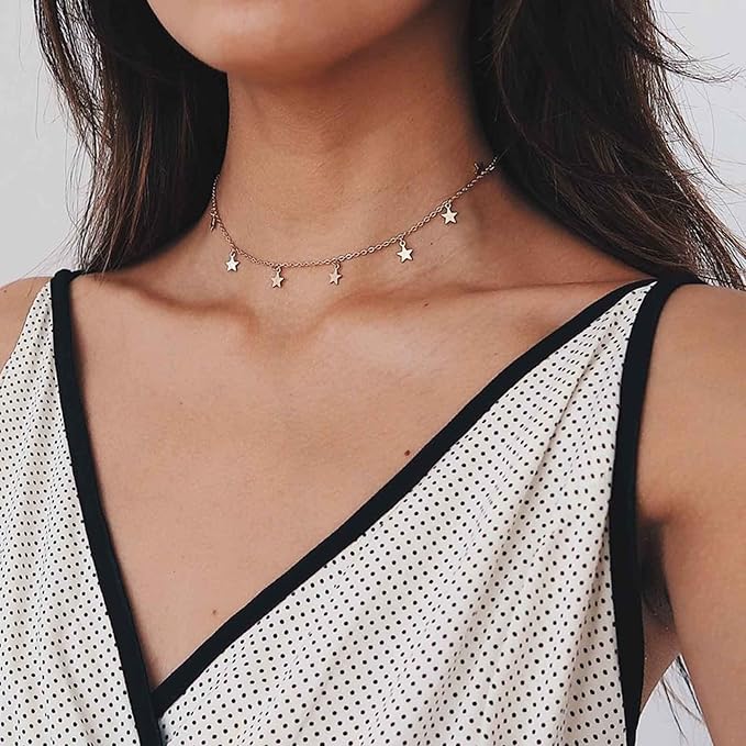 Bohemia Star Necklace Star Dangle Choker Necklace Gold Stars Short Necklace Minimalist Star Tassel Chain Necklace Jewelry for Women and Girls-Velvo Beauty