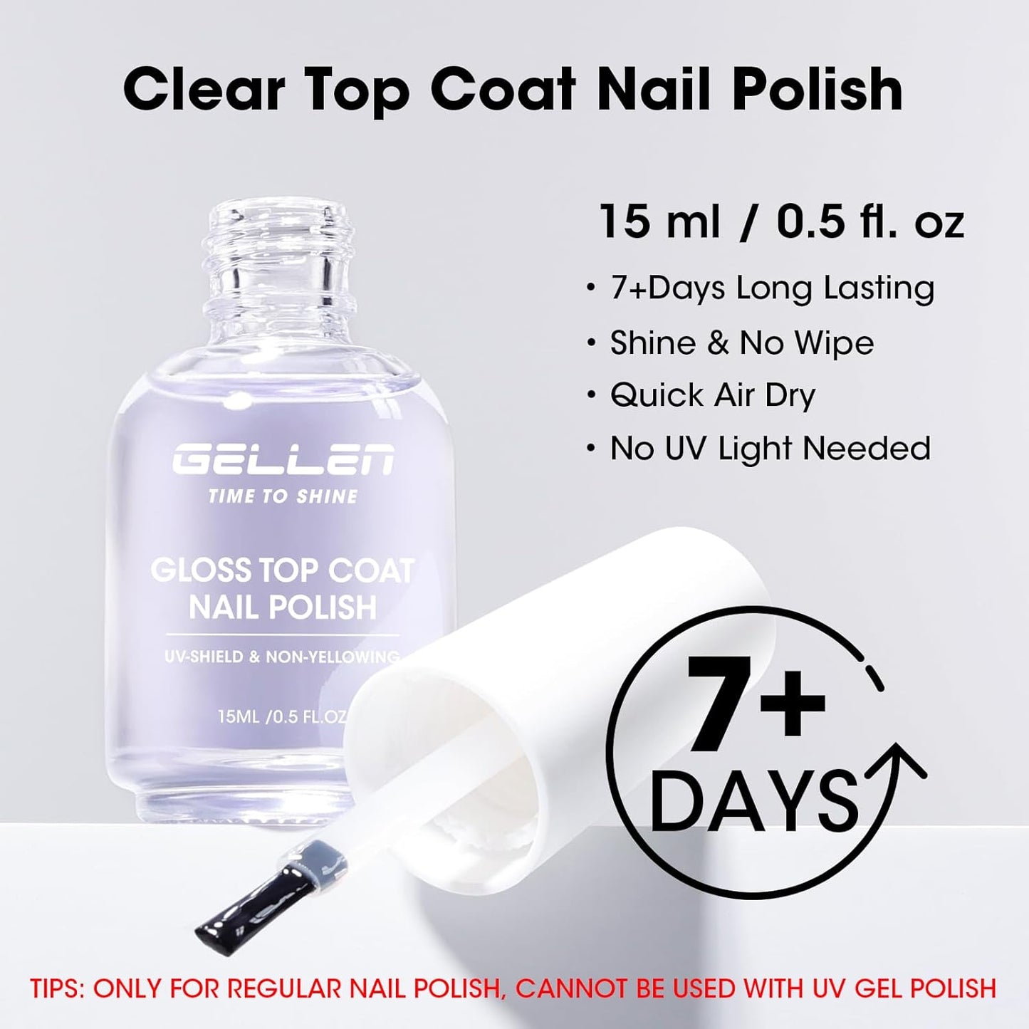 GELLEN Clear Nail Polish Top Coat, High Gloss Shine Top Coat Quick Air Dry UV-Resistant, Long Wear and Scratch Resistant, Chip Resistant, Protects Color & Nails, Non UV Gel, Hema Free, Non-toxic-Velvo Beauty