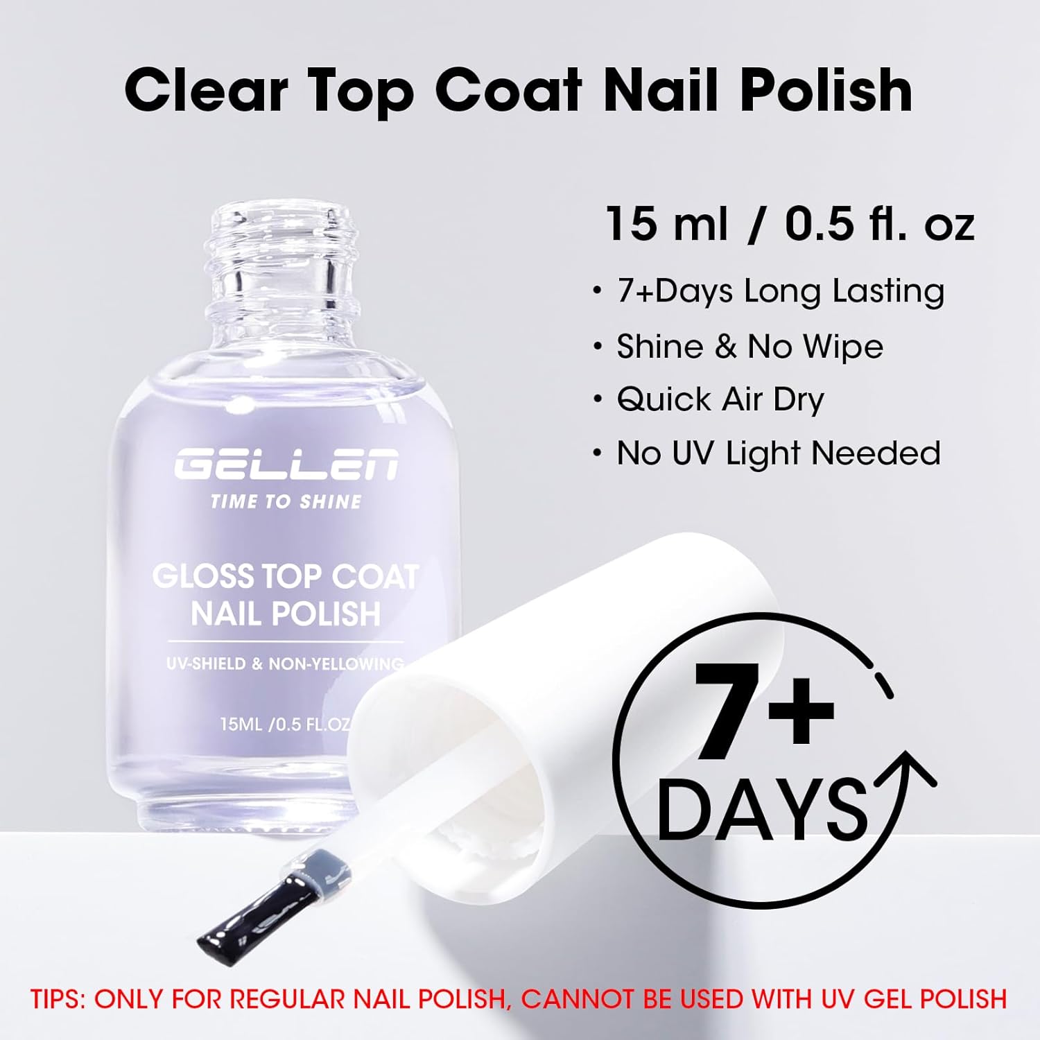GELLEN Clear Nail Polish Top Coat, High Gloss Shine Top Coat Quick Air Dry UV-Resistant, Long Wear and Scratch Resistant, Chip Resistant, Protects Color & Nails, Non UV Gel, Hema Free, Non-toxic-Velvo Beauty