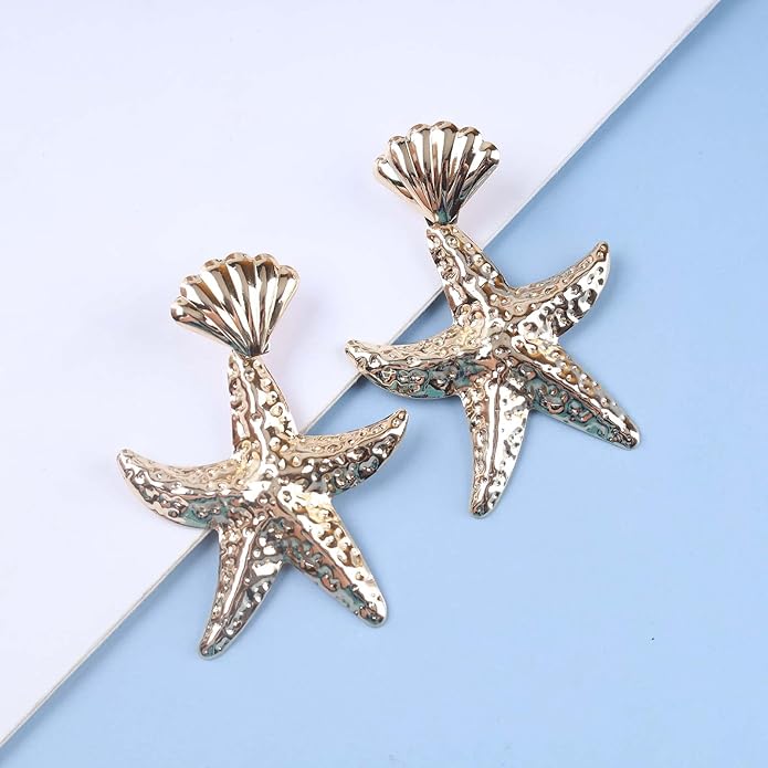 Vintage Starfish Dangle Earrings Starfish Drop Earrings Gold Metal Seashell Stud Earrings Hammered Starfish Earrings Jewelry for Women-Velvo Beauty