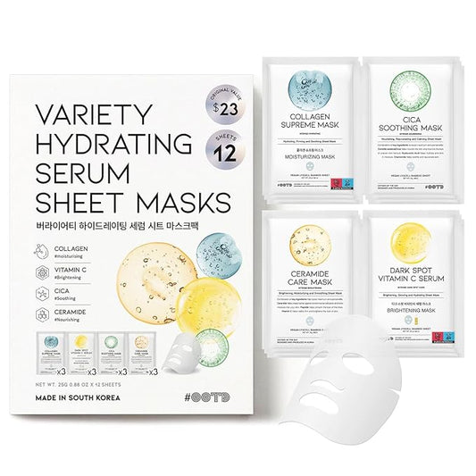 #OOTD Face Mask Korean Skincare for Dry Sensitive Skin | Hydrating, Revitalizing, Calming, Collagen, Ceramide, Cica, Vitamin C Serum Sheet Masks (12EA)-Velvo Beauty