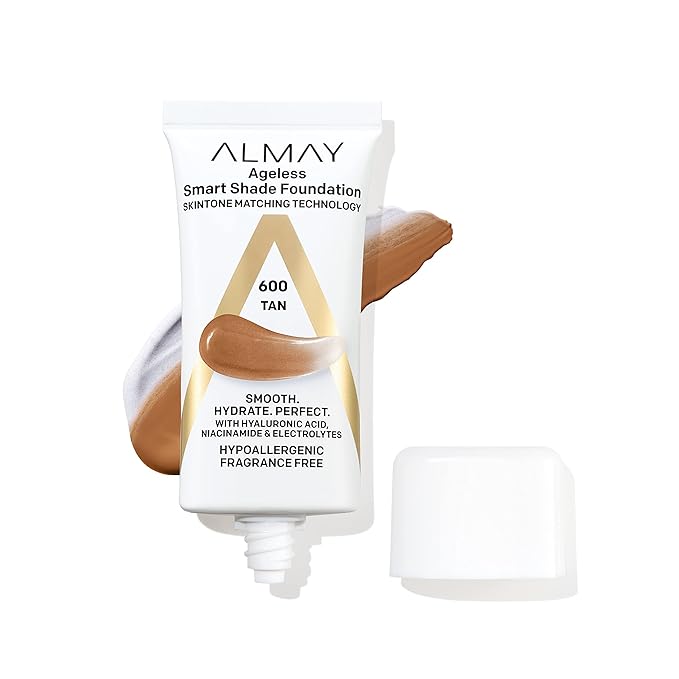 Almay Anti-Aging Foundation, Smart Shade Face Makeup with Hyaluronic Acid, Niacinamide, Vitamin C & E, Hypoallergenic-Fragrance Free, 600 Tan, 1 Fl Oz (Pack of 1)-Velvo Beauty