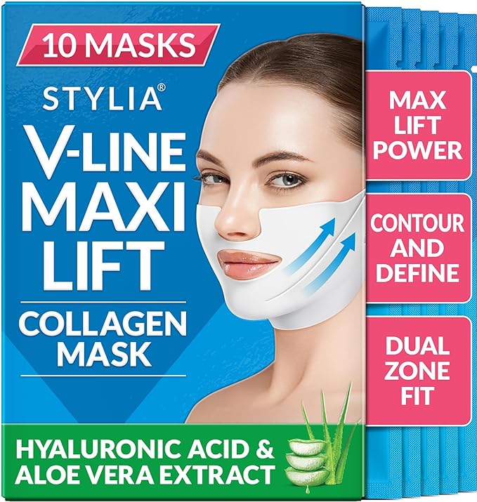 Stylia MaxiLift V-Line Lifting Collagen Face Mask – Enhanced Double Chin Reducer – Jawline Shaper Face Lifting Masks – Firming Neck Lift Collagen Mask – Chin Strap for Sleeping – Hyaluronic, Aloe 10PC-Velvo Beauty
