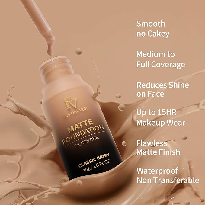 FV Full Coverage Liquid Foundation Makeup, Long Lasting Matte Foundation with Flawless Finish, Concealing & Minimizing Pores, Oil Control Waterproof for Oily Combination Skin, 1 Fl. Oz(Classic Ivory)-Velvo Beauty