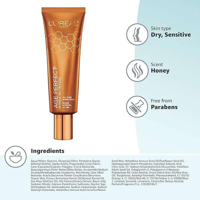L'Oreal Paris Skincare Age Perfect Hydra-Nutrition All-Over Balm with Manuka Honey Extract and Nurturing Oils, to Soothe and Rescue Dry Skin, Paraben Free, 1.7 oz.-Velvo Beauty