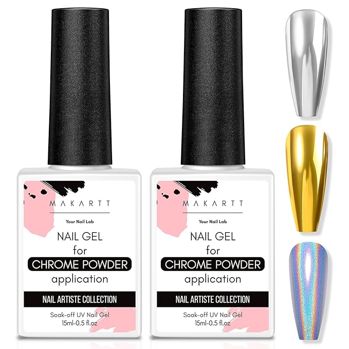 Makartt Gel Top Coat for Chrome Nail Powder - 2 Pcs 15ml Clear No Wipe High Gloss Top Coat Gel Nail Polish Mirror Shine Long Lasting Easy Application, Soak off UV Lamp, DIY Home Salon Art Design-Velvo Beauty